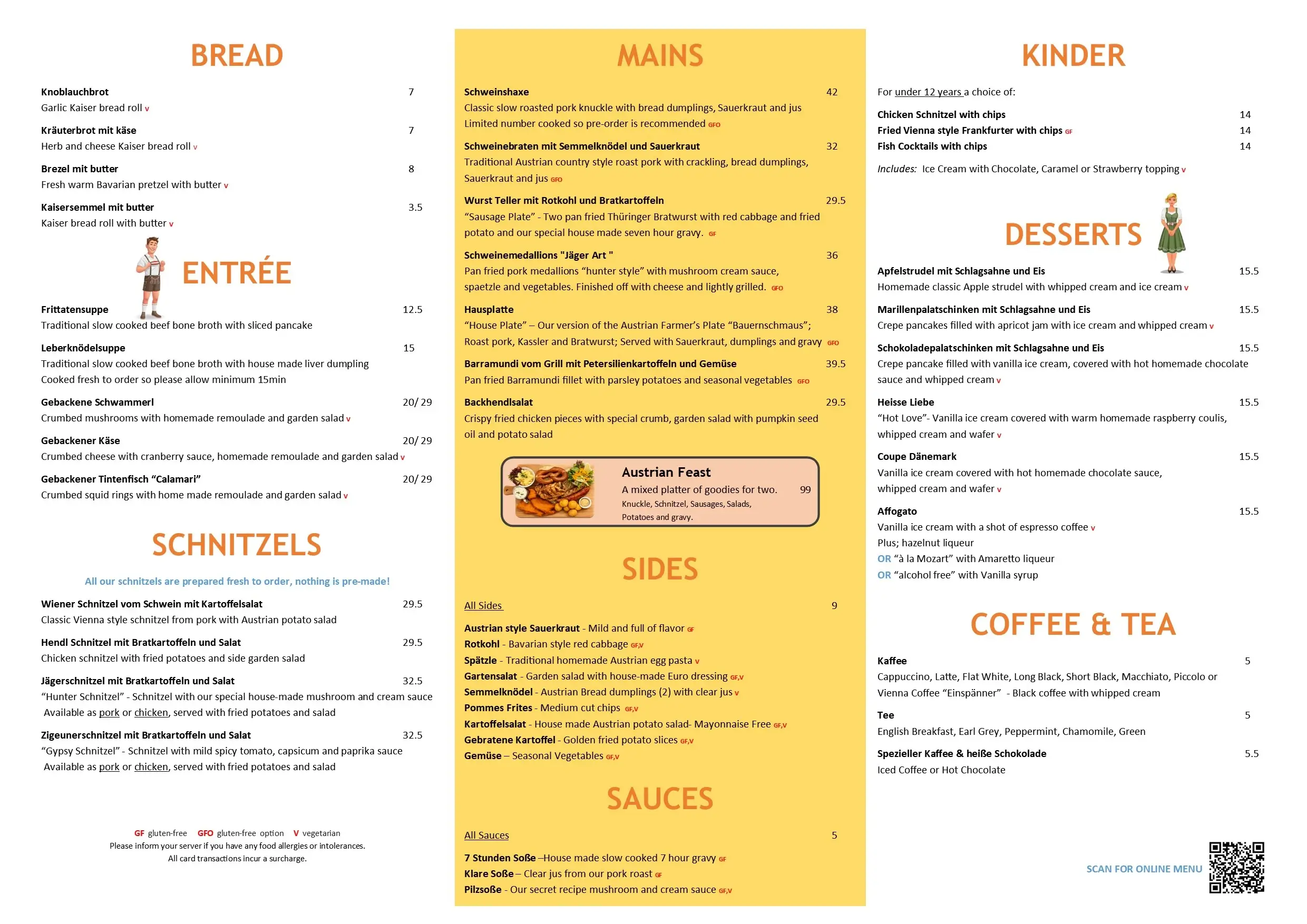 Traditional Austrian and German Food Menu